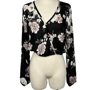 Ivy + Main M Black Floral Chiffon Cropped Wrap Blouse Surplice Whimsigoth